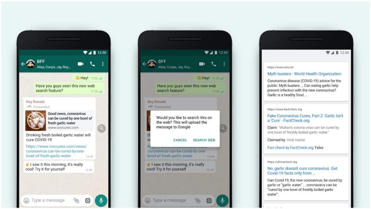 WhatsApp has introduced a new “Search the Web” feature to fight misinformation on its platform. The feature will allow users to check if the forwarded message they have received is authentic. When users receive a forwarded message, they will see a magnifying glass next to it. Search the Web can be used by tapping on the magnifying glass icon to find news results or other sources of information about the content users have received. The feature works by allowing users to upload the message via their browser without WhatsApp ever seeing the message itself. More details here . WhatsApp has introduced a new “Search the Web” feature to fight misinformation on its platform. The feature will allow users to check if the forwarded message they have received is authentic. When users receive a forwarded message, they will see a magnifying glass next to it. Search the Web can be used by tapping on the magnifying glass icon to find news results or other sources of information about the content users have received. The feature works by allowing users to upload the message via their browser without WhatsApp ever seeing the message itself. More details here .