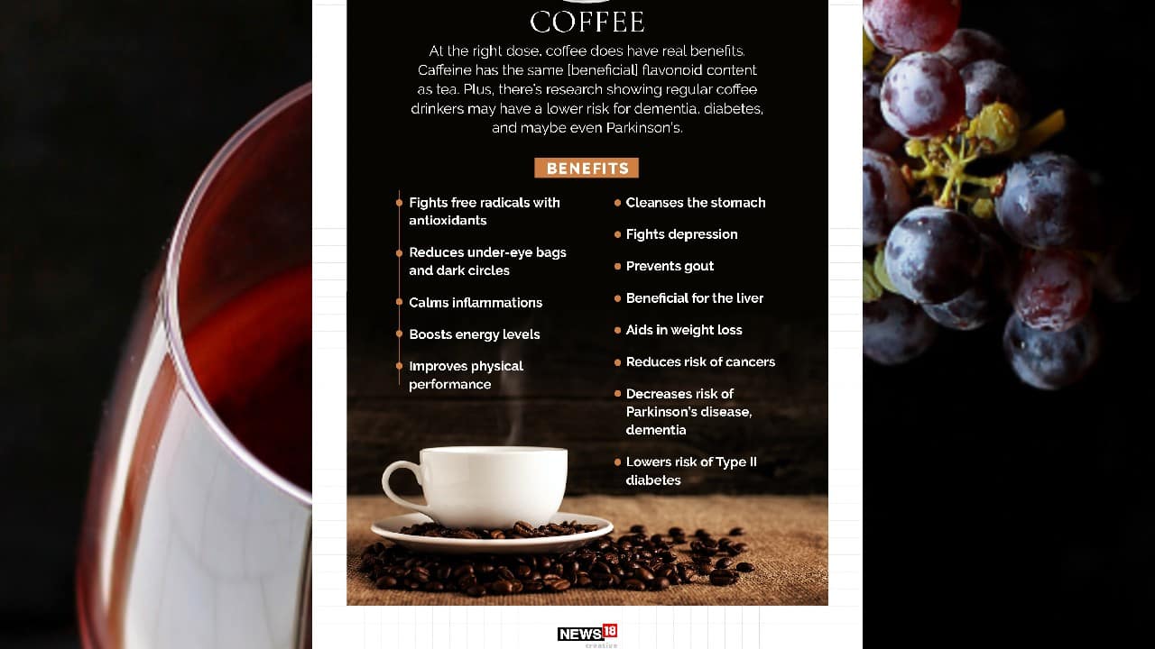 Coffee | At the right dose, coffee does have real benfits. Caffeine has the same beneficial flavonoid content as tea. Plus, there’s research showing regular coffee drinkers may hace a lower risk for dementia, diabetes, and maybe even Parkinson’s. (Image: News18 Creative)