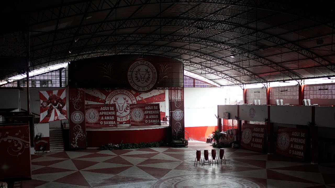A 'quadra' or court, which this time of year is usually filled with Carnival performers practising their dance moves, sits empty in the Unidos de Padre Miguel samba school, in Rio de Janeiro