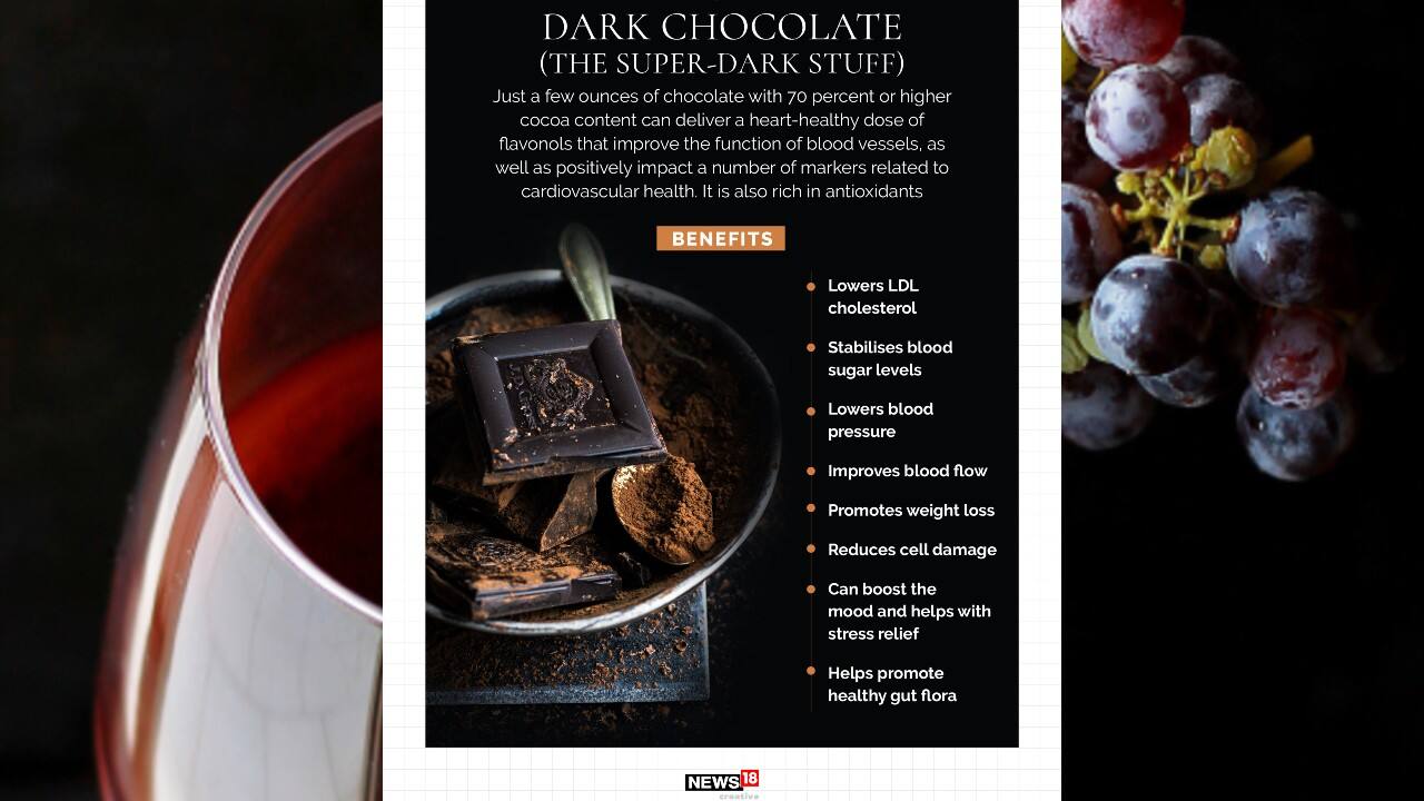 Dark Chocolate | Just a few ounces of chocolate with 70 percent or higher cocoa content can deliver a heart-healthy dose of flavonols that improve the function of blood vessels, as well as positively impact a number of markets related to cardiovascular health. It is also rich in antioxidants. (Image: News18 Creative)