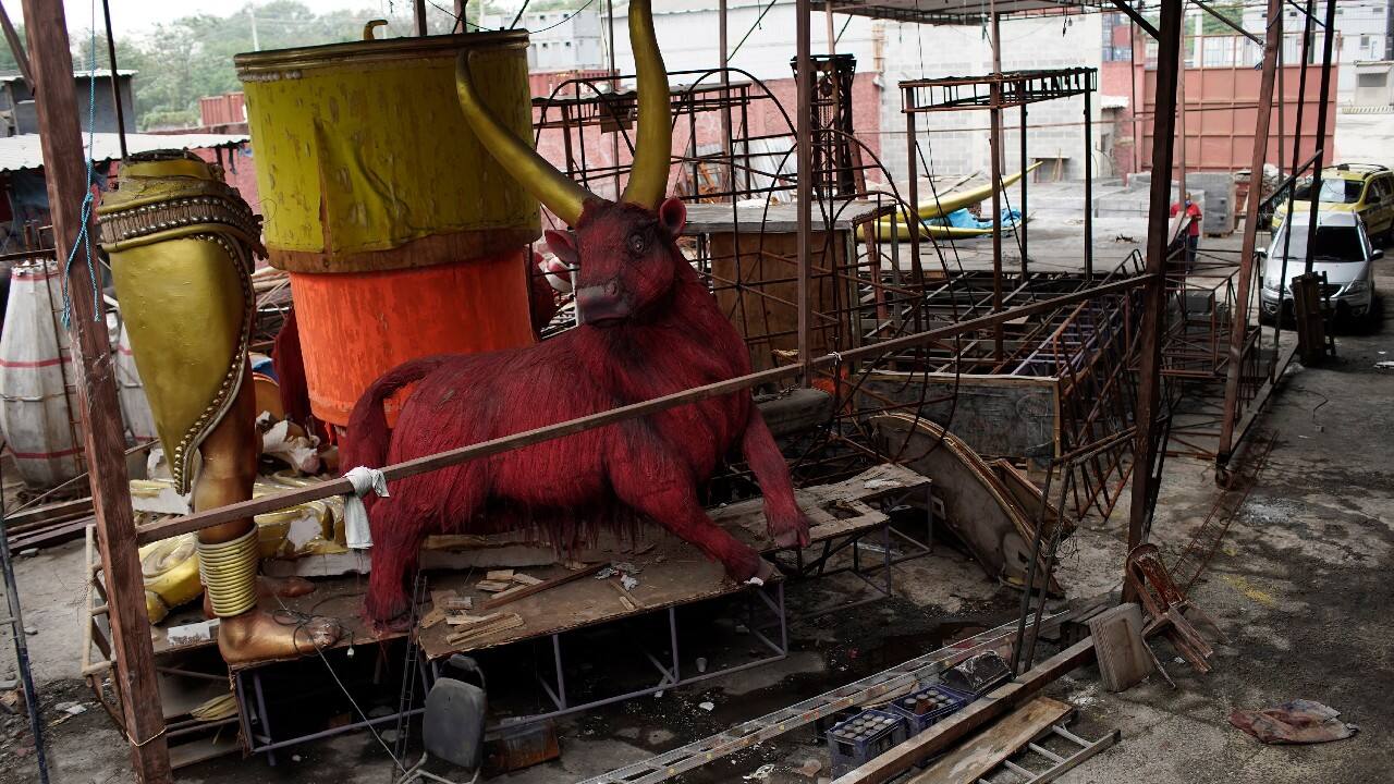 Carnival parade floats sit unfinished in the Unidos de Padre Miguel samba school workshop in Rio de Janeiro