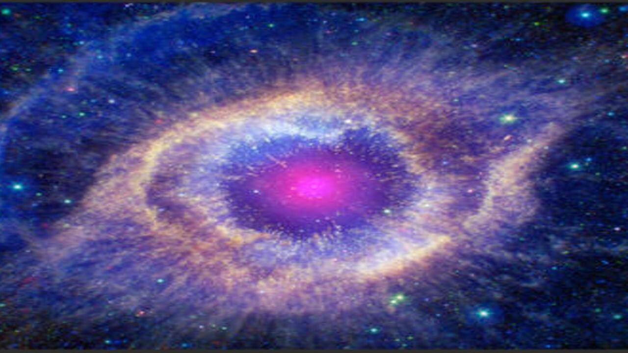 Helix Nebula: When a star like the Sun runs out of fuel, it expands and its outer layers puff off, and then the core of the star shrinks. This phase is known as a 'planetary nebula', and astronomers expect our Sun will experience this in about 5 billion years. This Helix Nebula images contains infrared data from NASA's Spitzer Space Telescope (green and red), optical light from Hubble (orange and blue), ultraviolet from NASA's Galaxy Evolution Explorer (cyan), and Chandra's X-rays (appearing as white) showing the white dwarf star that formed in the centre of the nebula. 