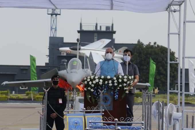 Defence Minister Rajnath Singh used the ceremony marking induction of five Rafale jets into the Indian Air Force to send a strong message to China over its belligerence in eastern Ladakh, saying national security is a major priority for India and it is determined to protect its territory. (Image: Twitter/@DefenceMinIndia)