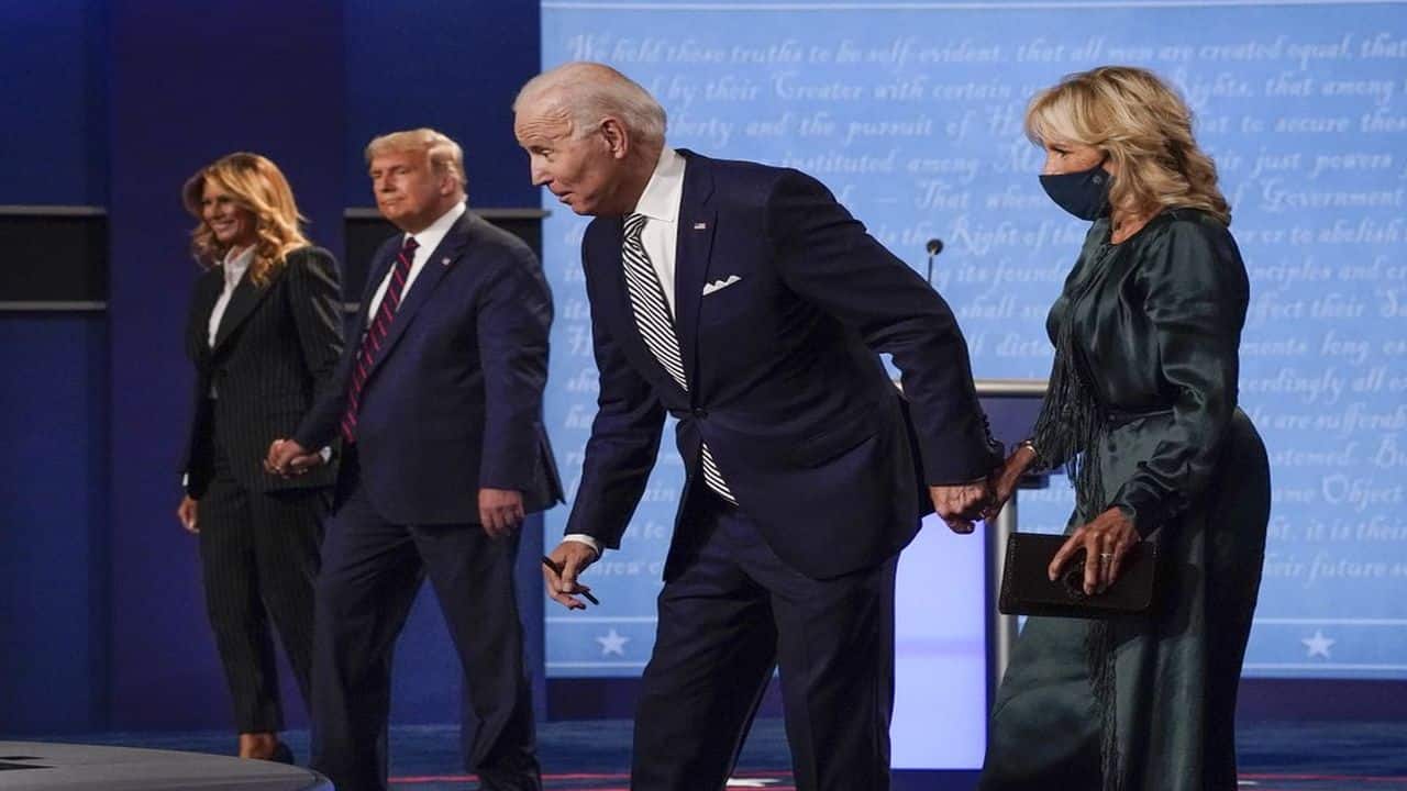 First lady Melania Trump, from left, President Donald Trump, Democratic presidential candidate former Vice President Joe Biden and Jill Biden stand on stage after the first presidential debate at Case Western University and Cleveland Clinic, in Cleveland, Ohio, September 29, 2020. (AP Photo)