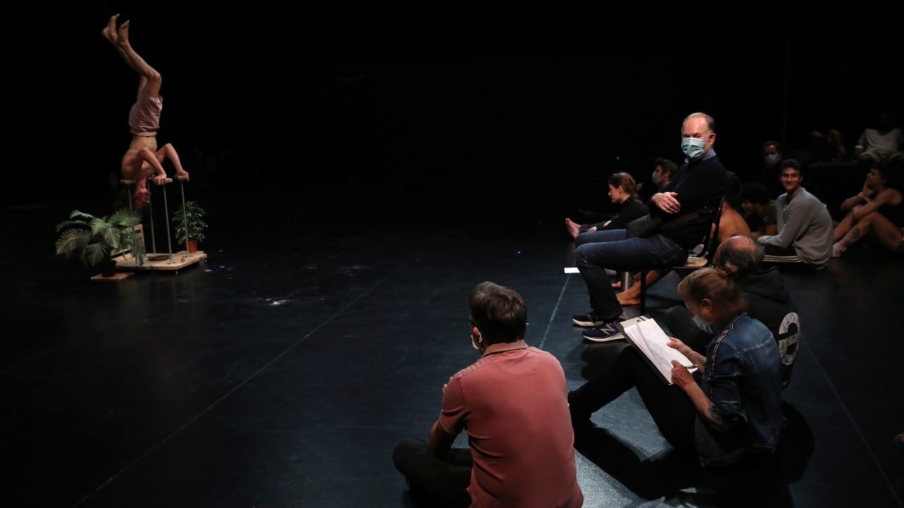 Teachers, wearing face masks to fight against the spread of coronavirus, and students watch a personal year project rehearsal of a co-student at the Superior School of Circus Arts (ESAC) in Brussels, September 24. (Image: AP)