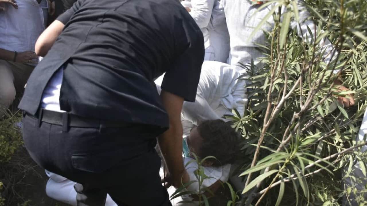 Later Rahul Gandhi told the media, &quot;Just now police pushed me, lathi-charged me and threw me on the ground. I want to ask, can only (Narendra) Modiji walk in this country? Can't a normal person walk? Our vehicle was stopped, so we started walking.&quot; (Image: Special Arrangement) (Image: News18)