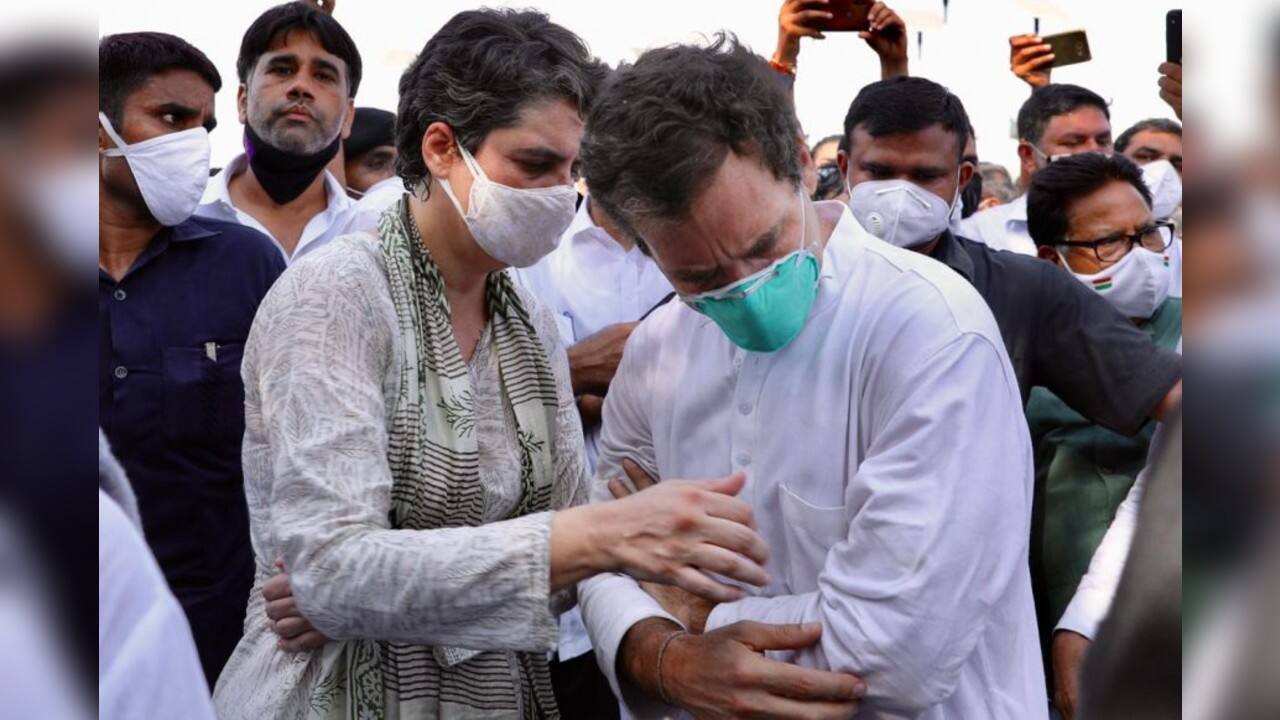 Congress leaders Rahul Gandhi and Priyanka Gandhi Vadra were detained by Uttar Pradesh police on October 1, after the former was allegedly shoved and pushed to the ground by police personnel, as they made their way to Hathras district from New Delhi. (Image: News18)