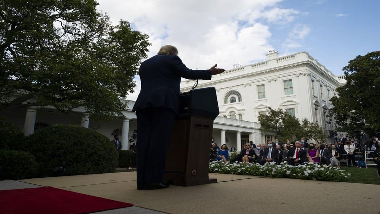President Donald Trump speaks about coronavirus testing strategy, in the Rose Garden of the White House, Monday, September 28, 2020, in Washington. (AP Photo)