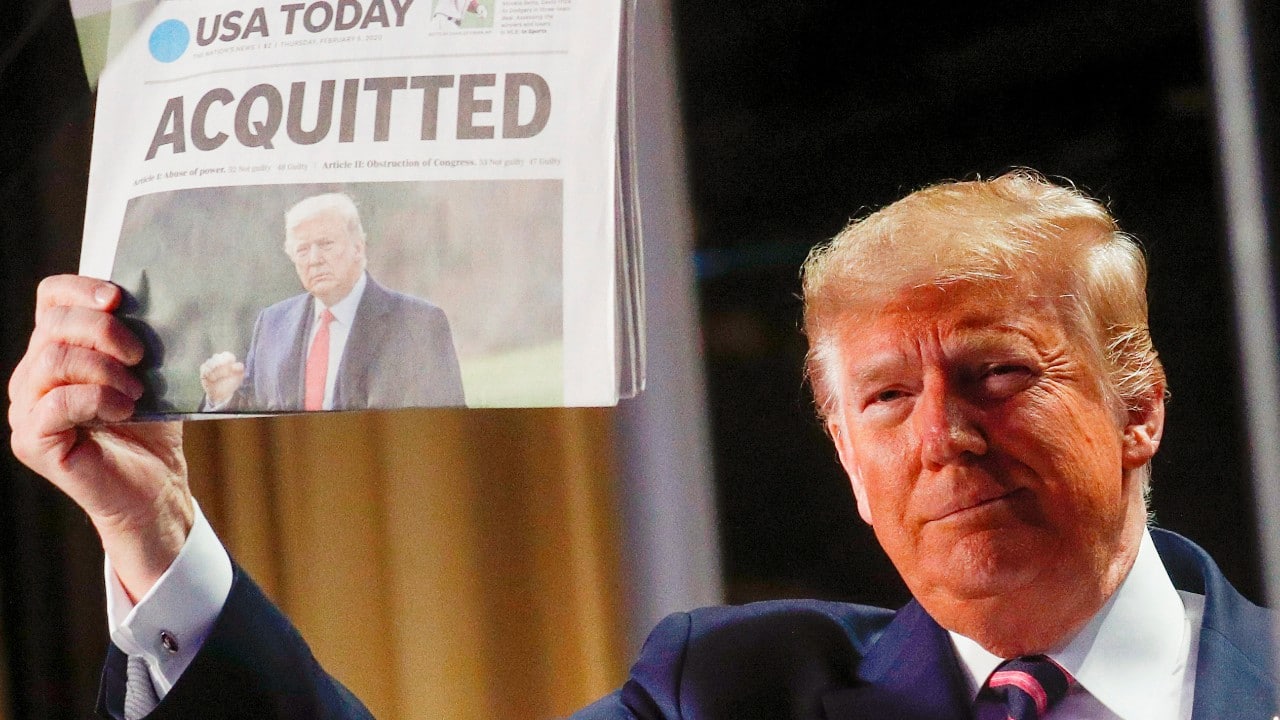 1 | Donald Trump acquitted, February 5, 2020: At the beginning of the year, things were looking up for the Republican president. Trump's Senate impeachment trial ended with him cleared on two charges brought by Democrats. The fallout from the Mueller Report was no longer hanging over his head. The economy was roaring – and prospects for his re-election looked relatively strong. After years of strife, the moment offered him a chance for a reset. (Image: Reuters) 1 | Donald Trump acquitted, February 5, 2020: At the beginning of the year, things were looking up for the Republican president. Trump's Senate impeachment trial ended with him cleared on two charges brought by Democrats. The fallout from the Mueller Report was no longer hanging over his head. The economy was roaring – and prospects for his re-election looked relatively strong. After years of strife, the moment offered him a chance for a reset. (Image: Reuters)