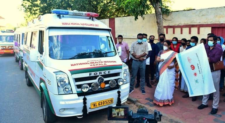 KK Shailaja flagging off mobile medical units