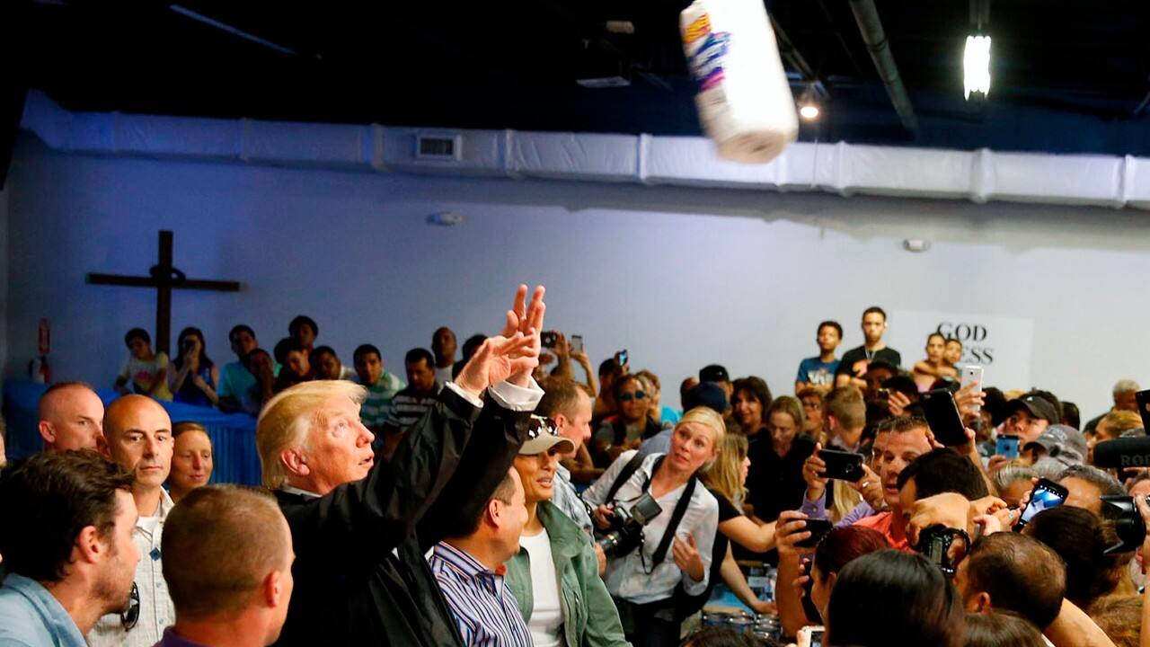 U.S. President Donald Trump throws rolls of paper towels into a crowd of local residents affected by Hurricane Maria as he visits Calgary Chapel in San Juan, Puerto Rico, U.S., October 3, 2017. (Image: Reuters) U.S. President Donald Trump throws rolls of paper towels into a crowd of local residents affected by Hurricane Maria as he visits Calgary Chapel in San Juan, Puerto Rico, U.S., October 3, 2017. (Image: Reuters)