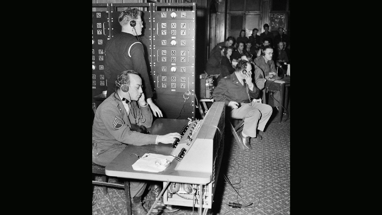 Interpreters and audio technicians work behind the scenes at the Nuremburg trials, in Nuremburg, Germany, November 18, 1945. (Image: AP) Interpreters and audio technicians work behind the scenes at the Nuremburg trials, in Nuremburg, Germany, November 18, 1945. (Image: AP)