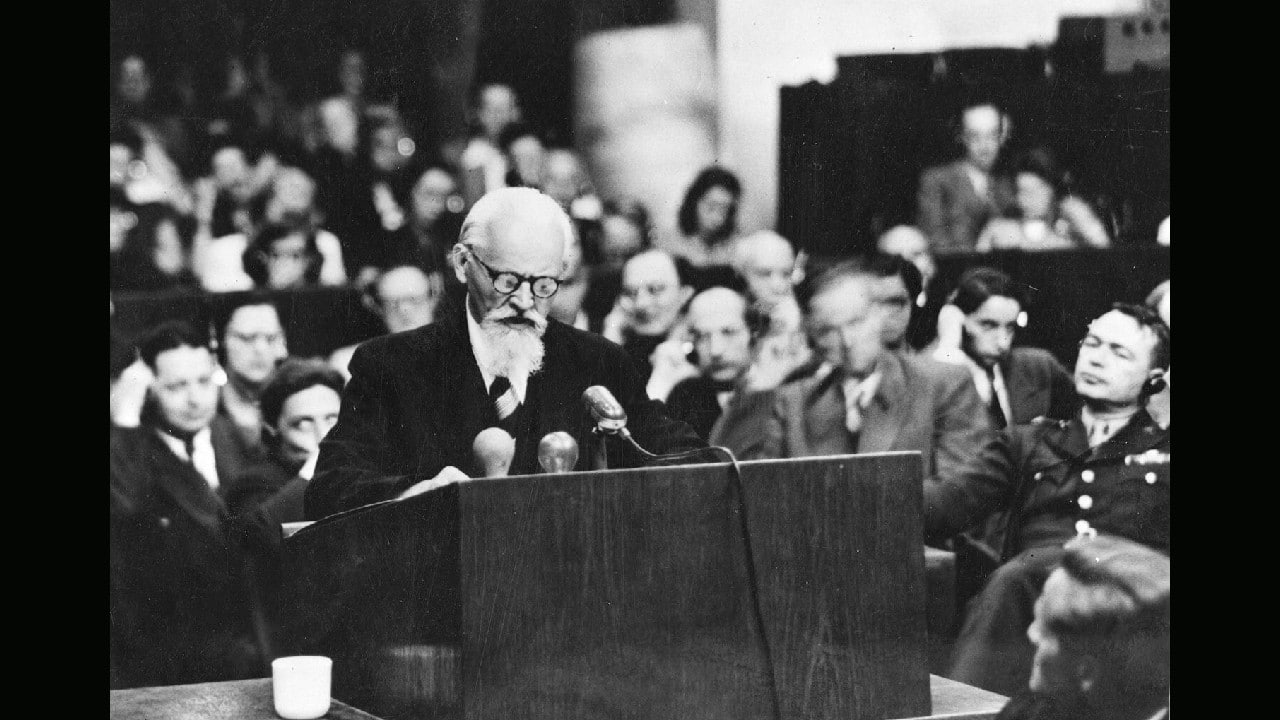 Hermann Schmitz, former chairman of the managing board of directors of the I.G. Farben Chemical Industries gives his final plea at the U.S. Military Tribunal in Nuremberg, Germany, June 11, 1948, concluding his defense with the statement: "My conscience is clear and I feel free from any fault." (Image: AP) Hermann Schmitz, former chairman of the managing board of directors of the I.G. Farben Chemical Industries gives his final plea at the U.S. Military Tribunal in Nuremberg, Germany, June 11, 1948, concluding his defense with the statement: "My conscience is clear and I feel free from any fault." (Image: AP)