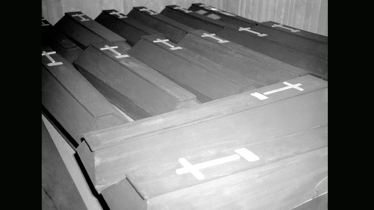 These coffins contain bodies of Nazis executed at Landsberg, Germany on May 28, 1946, in the first day of a two-day mass execution of 28 persons convicted last December of killing thousands of innocent victims by medical experiments, unleashing of hungry dogs, sadistic tortures, and malnutrition at Dachau concentration camp. Fourteen executions were carried out each day. (Image: AP) These coffins contain bodies of Nazis executed at Landsberg, Germany on May 28, 1946, in the first day of a two-day mass execution of 28 persons convicted last December of killing thousands of innocent victims by medical experiments, unleashing of hungry dogs, sadistic tortures, and malnutrition at Dachau concentration camp. Fourteen executions were carried out each day. (Image: AP)