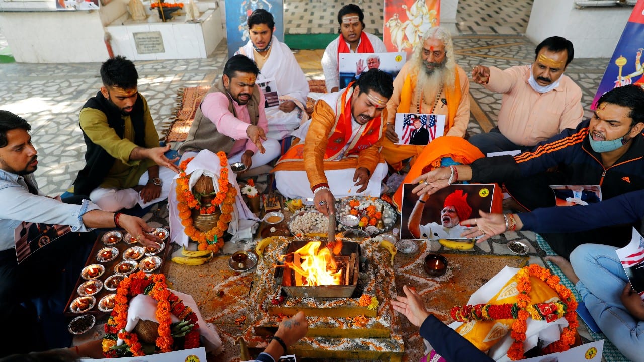 As the voting for United States presidential election kicked off on November, supporters of US President Donald Trump in India are not leaving any stones unturned to ensure his victory. Activists of Hindu Sena, a Hindu right-wing group, conducted rituals and chanting verses for Trump’s re-election as US President in the ongoing election. (Image: Reuters) As the voting for United States presidential election kicked off on November, supporters of US President Donald Trump in India are not leaving any stones unturned to ensure his victory. Activists of Hindu Sena, a Hindu right-wing group, conducted rituals and chanting verses for Trump’s re-election as US President in the ongoing election. (Image: Reuters)