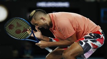Australia's Nick Kyrgios reacts during a match against Spain's Rafael Nadal.