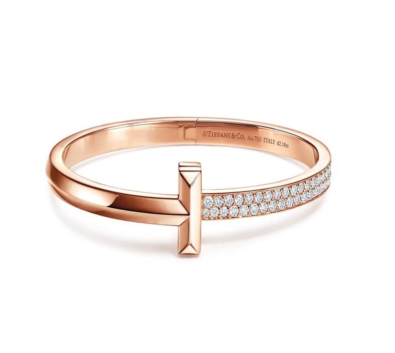 Tiffany T1 wide half diamond hinged bangle in 18k rose gold