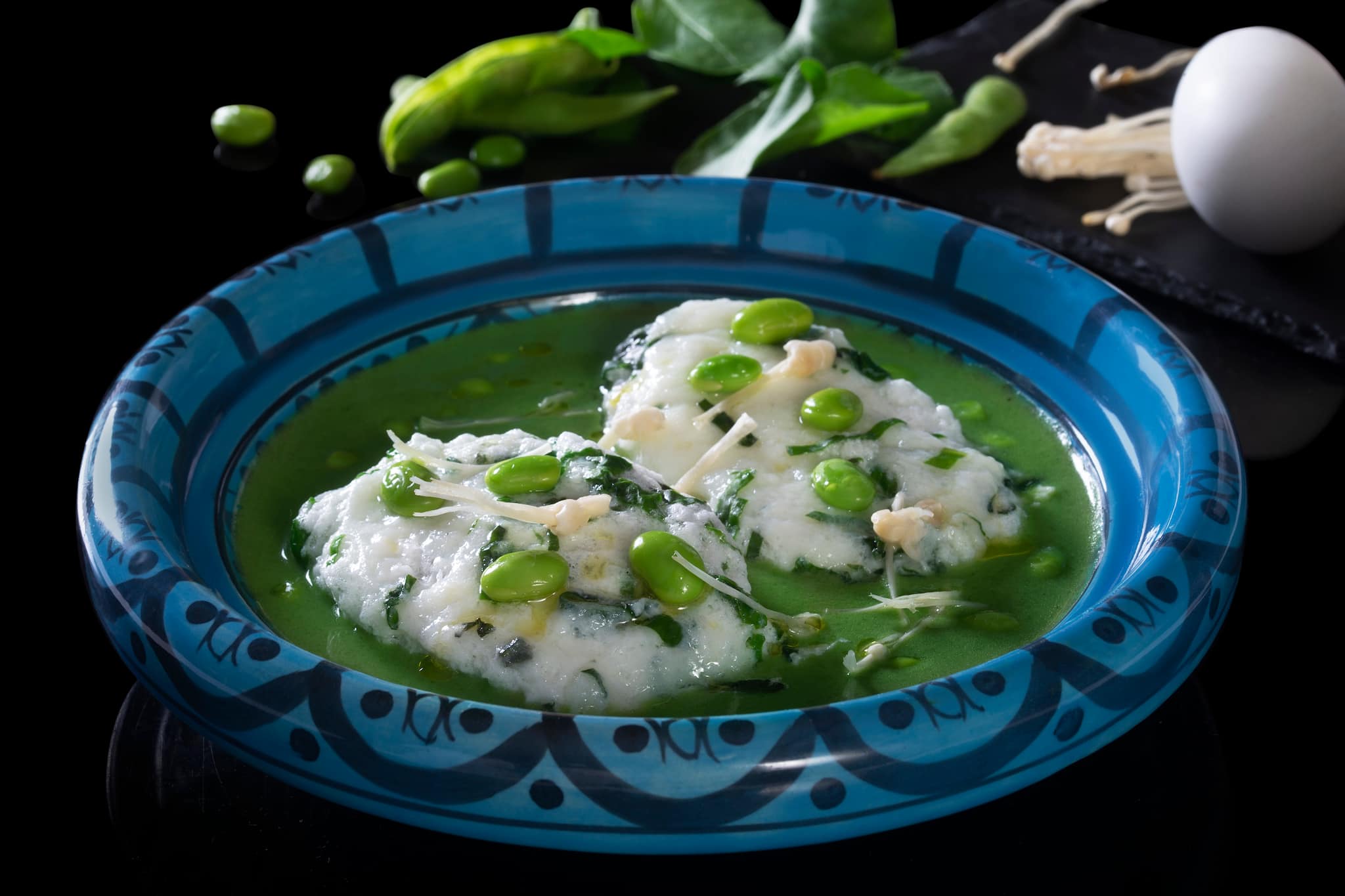 Egg Cloud with Spinach and Mushrooms.