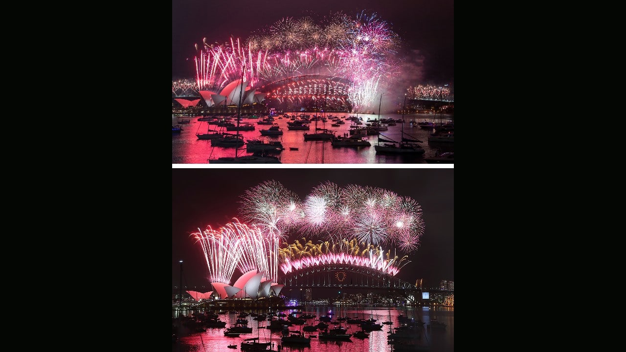 An image combo showing Fireworks exploding over the Sydney Opera House and Harbour Bridge during New Year celebrations in Sydney, Australia, the top photo taken on January 1, 2021 and the bottom one on January 1, 2015. From a distance things looked the same, but one million people would usually crowd the Sydney Harbor to watch the annual fireworks that center on the Sydney Harbour Bridge. But this year authorities advised revelers to watch the fireworks on television as the two most populous states, New South Wales and Victoria battle to curb new COVID-19 outbreaks. (Image: AP/Mark Baker, Rob Griffith)