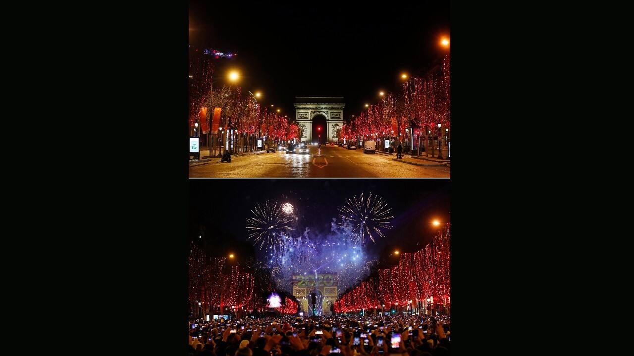 A combo image showing a general view of the Champs Elysees avenue in Paris very early on New Year's Day January 1, 2021, and the bottom one the same location packed with revelers early on January 1, 2020. (Image: AP/Thibault Camus, Christophe Ena)