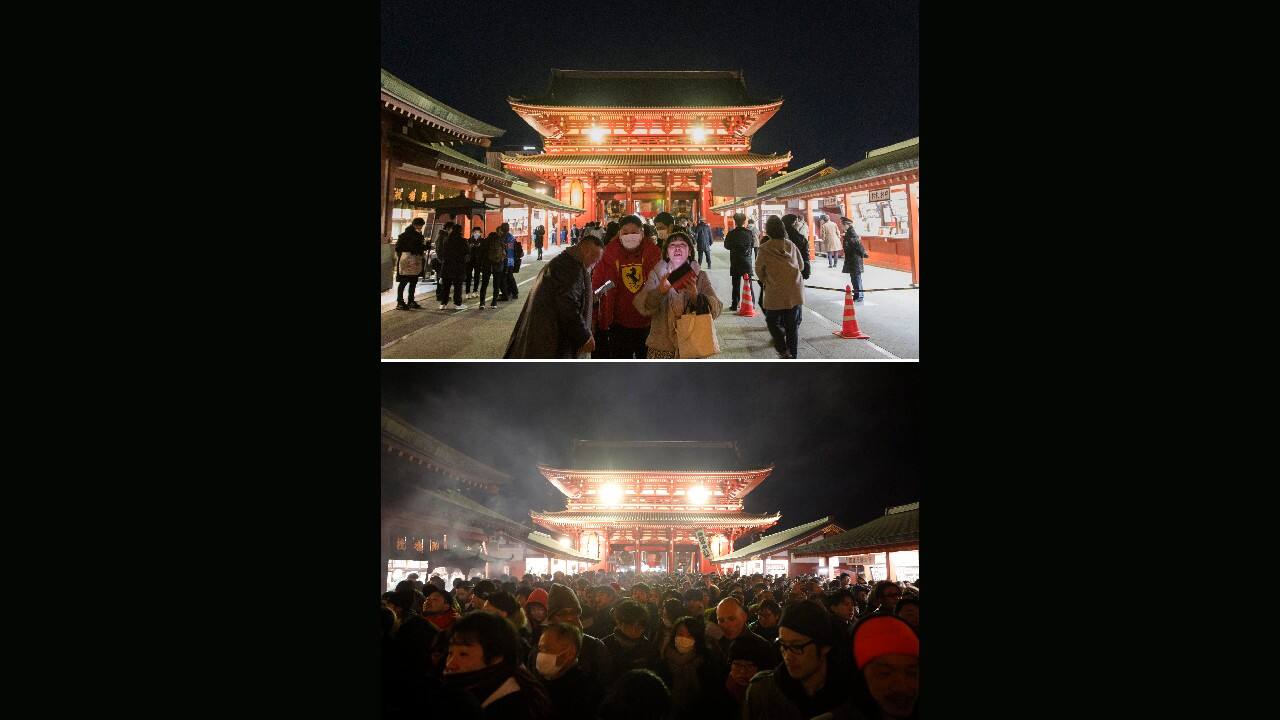 This combination image of photos shows people, top, on December 31, 2020, visiting to pray at Sensoji temple in Tokyo a few hours before New Year and the same location, bottom, filled with people waiting in line to pray on January 1 last year. (Image: AP/Jae C. Hong, Hiro Komae)