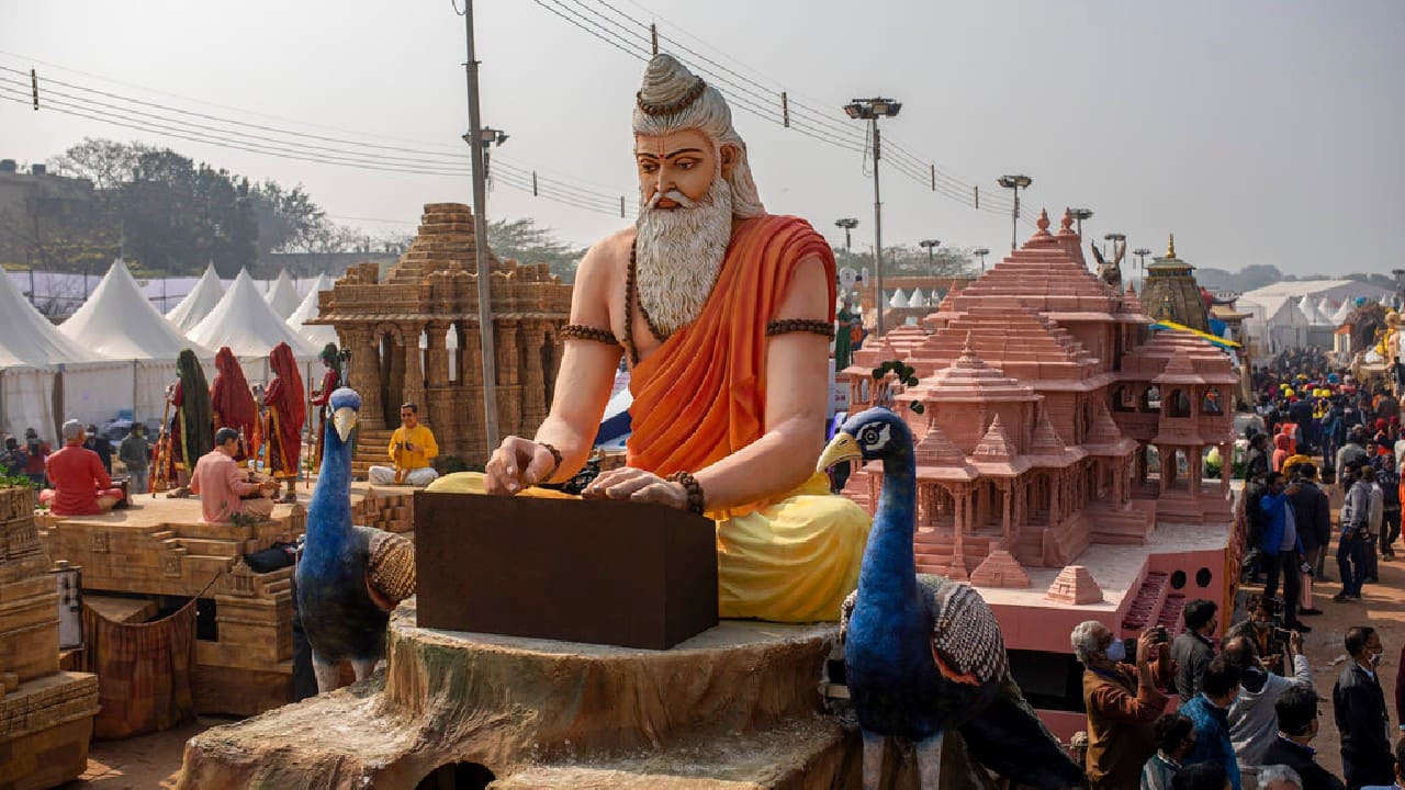 Replica of a proposed Ram temple is seen as part of the Uttar Pradesh state tableau during a press preview of the upcoming Republic Day parade, in New Delhi, January 22. (Image: AP)