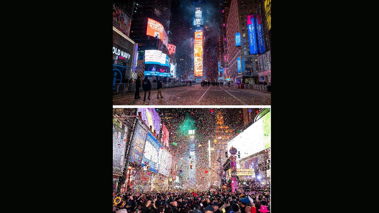 A combo of images shows an almost empty Times Square, top, in the early hours of January 1, 2021 in New York and the same location taken on January 1, 2020 packed with revelers celebrating the New Year. (Image: AP/Craig Rutte, Ben Hider)