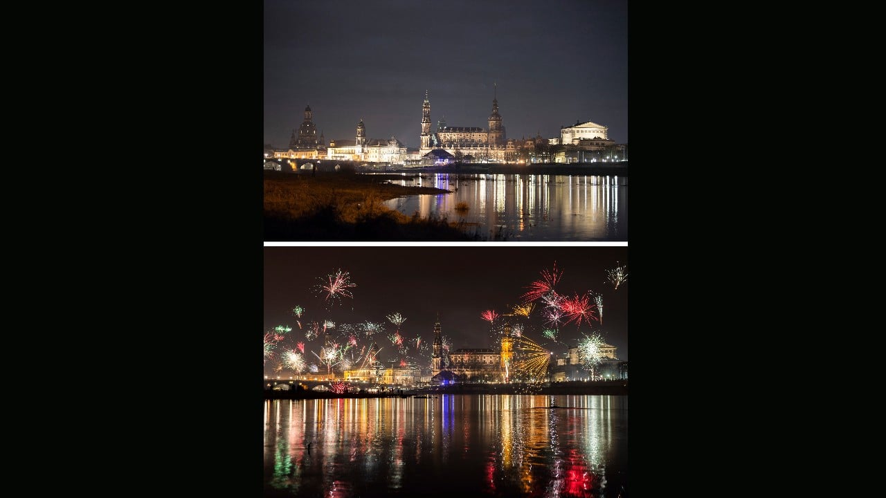 A combo of images shows fireworks in the first minutes of the New Year on January 1, 2020, bottom, and an image taken from the same location in Dresden, Germany early on January 1, 2021 without fireworks. (Image: Sebastian Kahnert/DPA via AP)