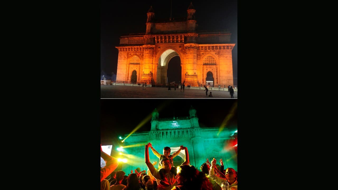 This combination photograph shows a handful of people in front of the iconic Gateway of India, top, a popular place to celebrate New Year's Eve in Mumbai, India, December 31, 2020, as compared to a file photograph of a crowd celebrating on December 31, 2019. (Image: AP/Rafiq Maqbool, Rajanish Kakade)