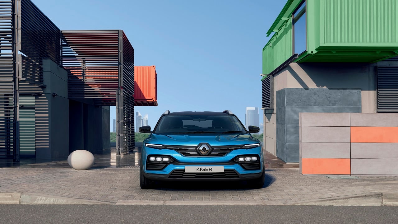 The Kiger uses radar sensors and a reverse camera with guiding lines for added safety. Higher trim levels get white ambient lighting in the passenger compartment. It lights up the storage compartment at the front of the centre console and the back of the front door grip handles. (Image: Renault)