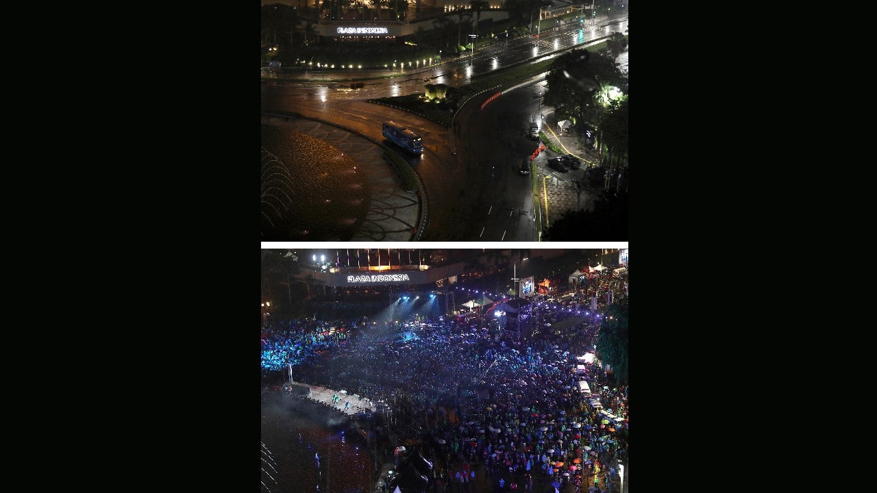 This combo image shows the Hotel Indonesia Roundabout in Jakarta, a popular spot for New Year's Eve celebration, taken on December 31, 2020, top photo, and, December 31, 2019, bottom photo. (Image: AP/Dita Alangkara, Tatan Syuflana)