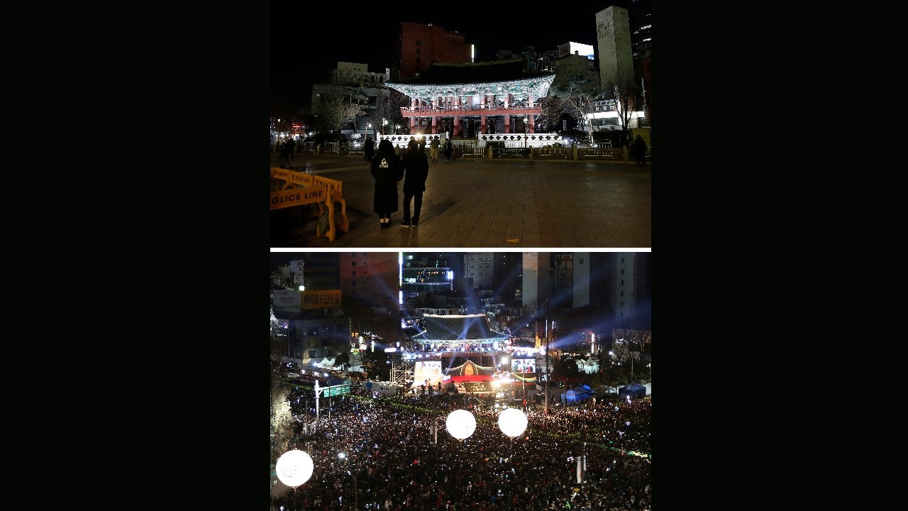 A combo image showing New Year's Eve bell-ringing ceremony taking place at Bosingak pavilion, the top photo taken on December 31, 2020 and the bottom one on January 1, 2018. In South Korea, Seoul's city government canceled its annual New Year's Eve bell-ringing ceremony in the Jongno neighborhood for the first time since the event was first held in 1953, months after the end of the Korean War. The ceremony, in which citizens ring a large bell in a traditional pavilion when the clock strikes midnight, normally draws an estimated 100,000 people and is broadcast live. (Image: AP/Lee Jin-man, Ahn Young-joon)