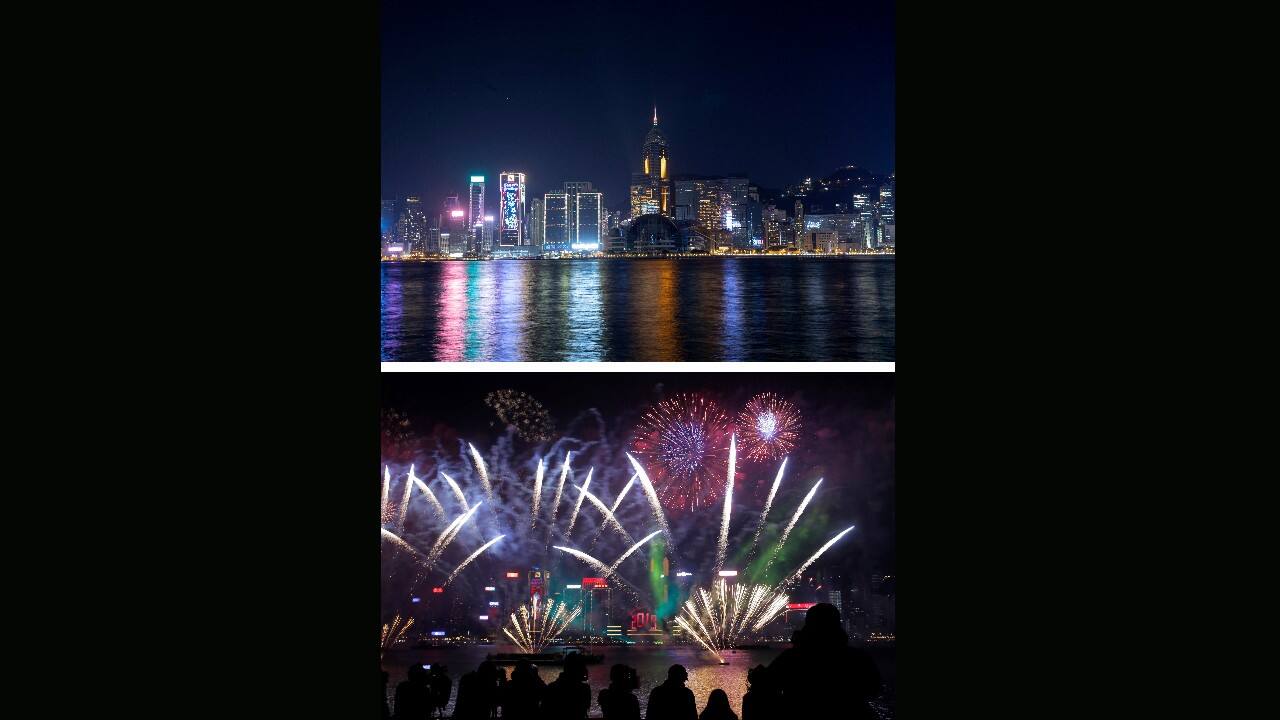 A combo image showing a general view of the Victoria Harbor at the New Year's Eve of year 2021 in Hong Kong, the top photo taken on December 31, 2020, and the bottom one on January 1, 2019, fireworks explode over the Victoria Harbor during New Year's Eve to celebrate the start of year 2019 in Hong Kong. (Image: AP/Kin Cheung)