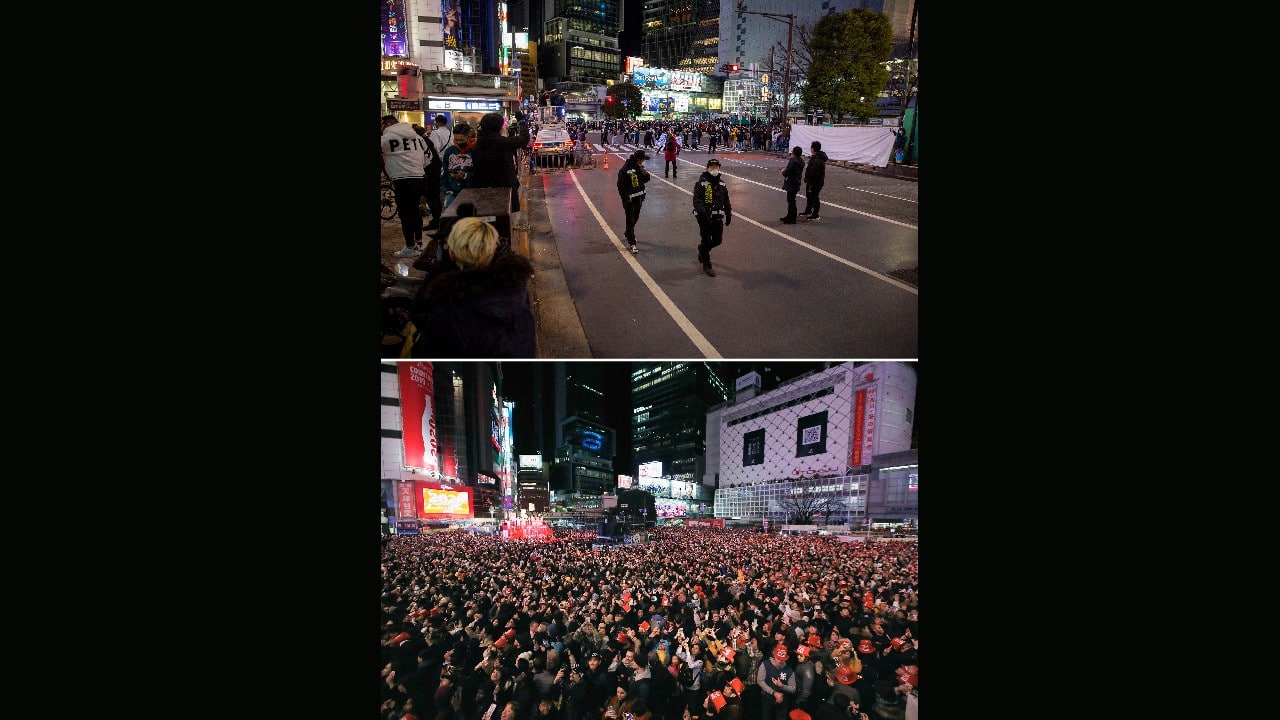 This combo image shows at top, police direct visitors around Shibuya crossing, a popular location for New Year's Eve gathering, December 31, 2020, in Tokyo, and below, people gather to welcome the arrival of the New Year at the crossing in Tokyo January 1, 2020. Tokyo's downtown Shibuya district has canceled its annual countdown event at a popular &quot;scramble Intersection&quot; area outside of its main train station, and a &quot;countdown vision&quot; screen will be turned off at 11 p.m. (Image: AP/Kiichiro Sato and Shohei Miyano/Kyodo News via AP, File).
