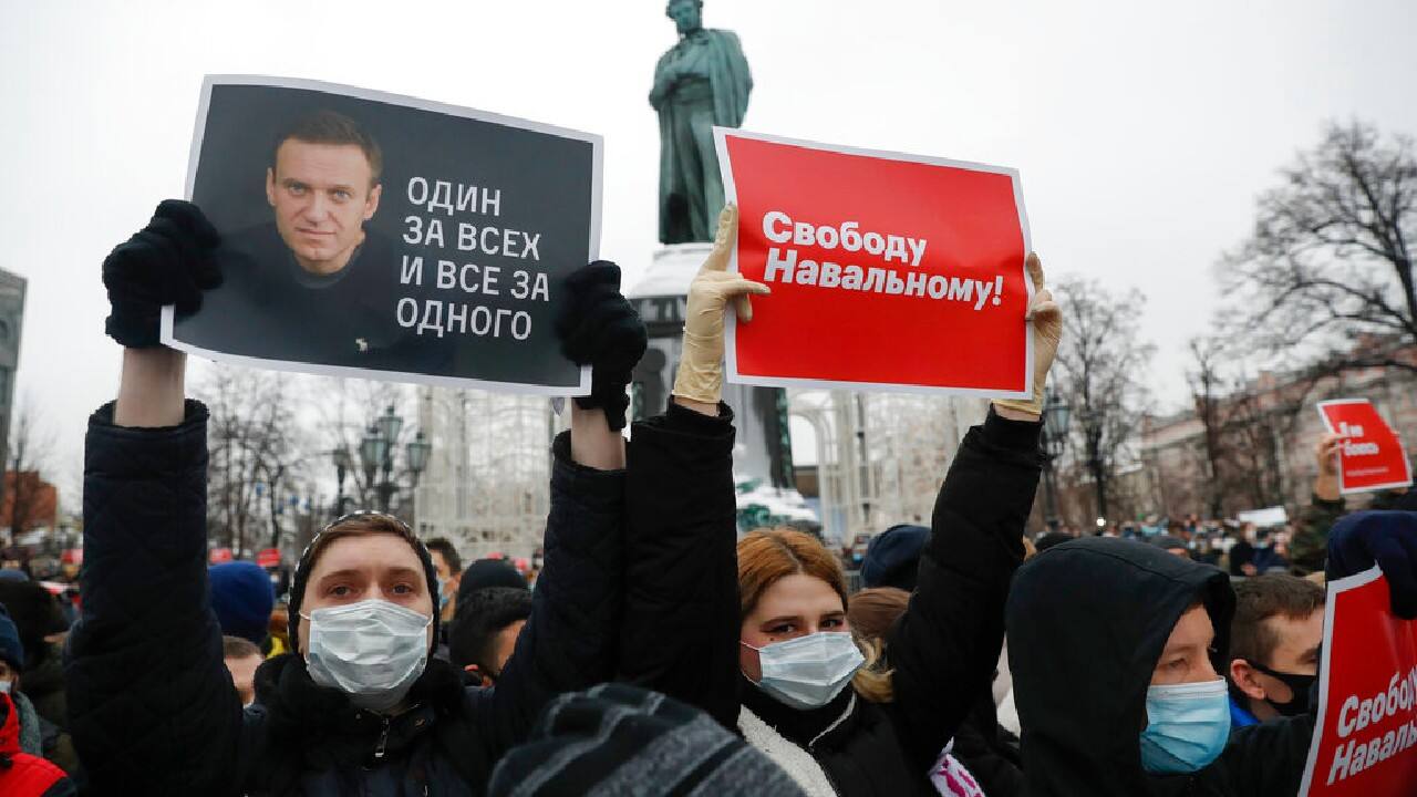 Navalny was arrested on January 17 when he returned to Moscow from Germany, where he had spent five months recovering from a severe nerve-agent poisoning that he blames on the Kremlin and which Russian authorities deny. Authorities say his stay in Germany violated terms of a suspended sentence in a 2014 criminal conviction, while Navalny says the conviction was for made-up charges. (Image: AP)