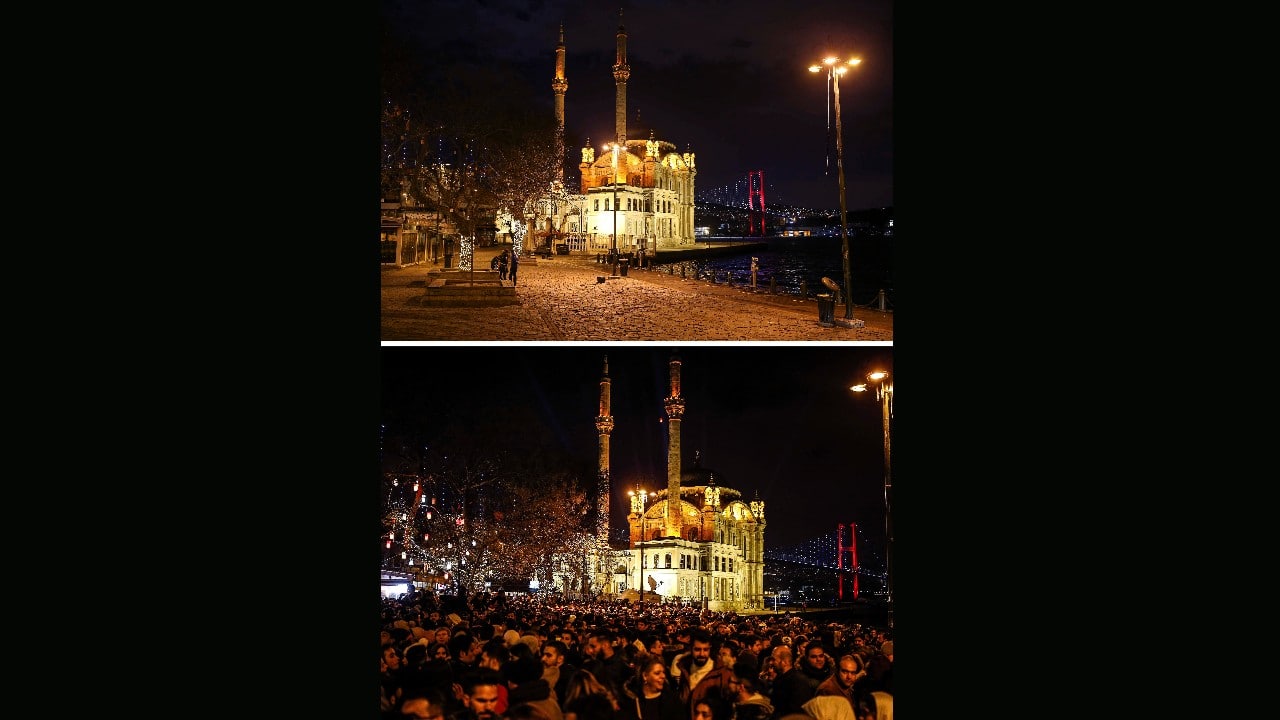 In this combo of images, a few people, on the top image, stand in the plaza in front of the Ottoman-era Mecidiye mosque in Ortakoy square under the &quot;July 15th Martyrs' bridge, formerly known as Bosporus Bridge, over the Bosporus Strait, separating Europe and Asia, in Istanbul, late on December 31, 2020, where in the bottom image people celebrate the new year at the same spot, early on January 1, 2020. (Image: AP/Emrah Gurel)