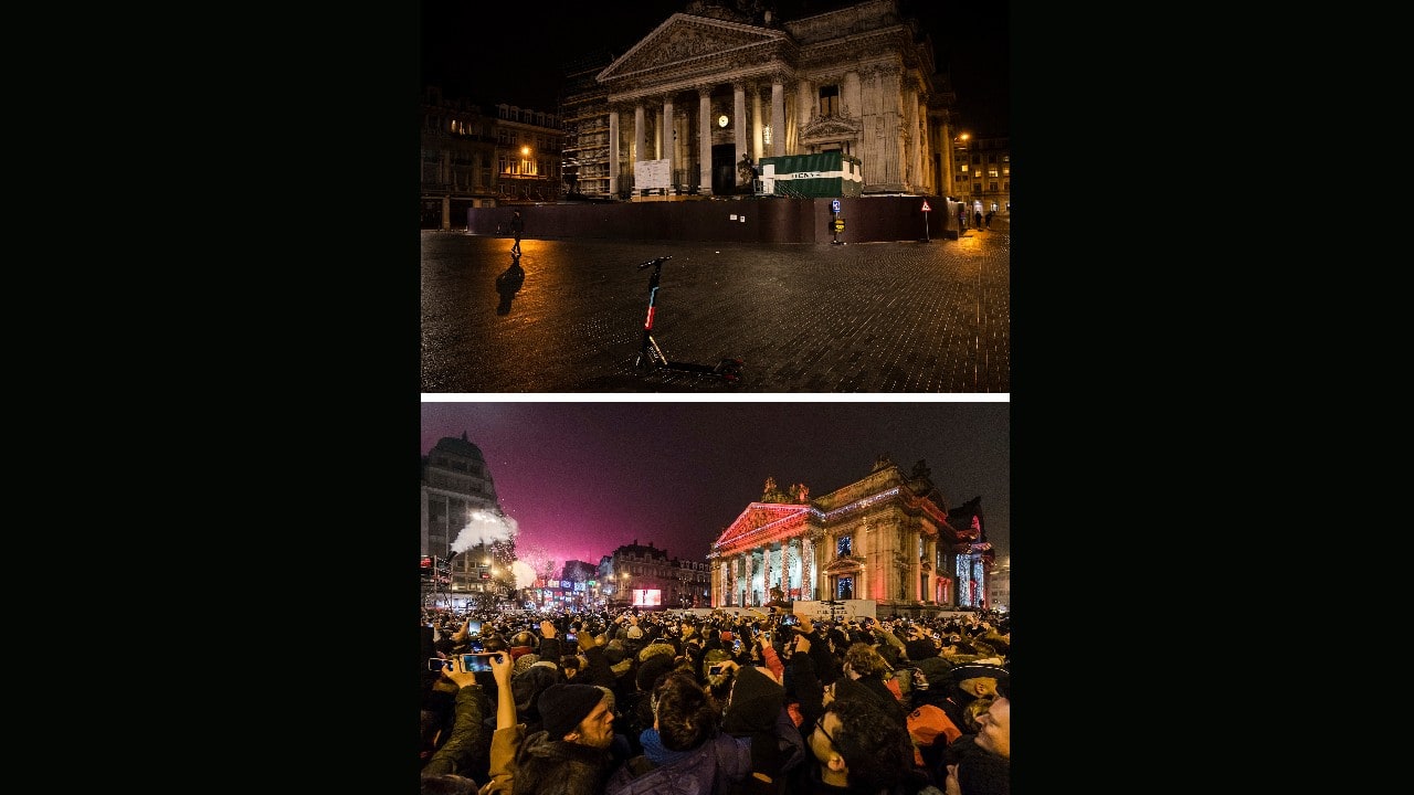 A combo of images that shows an empty historic center in Brussels on December 31, 2020 and the same location full of revelers celebrating the New Year early on Sunday, January 1, 2017. (Image: AP/Francisco Seco and Geert Vanden Wijngaert)