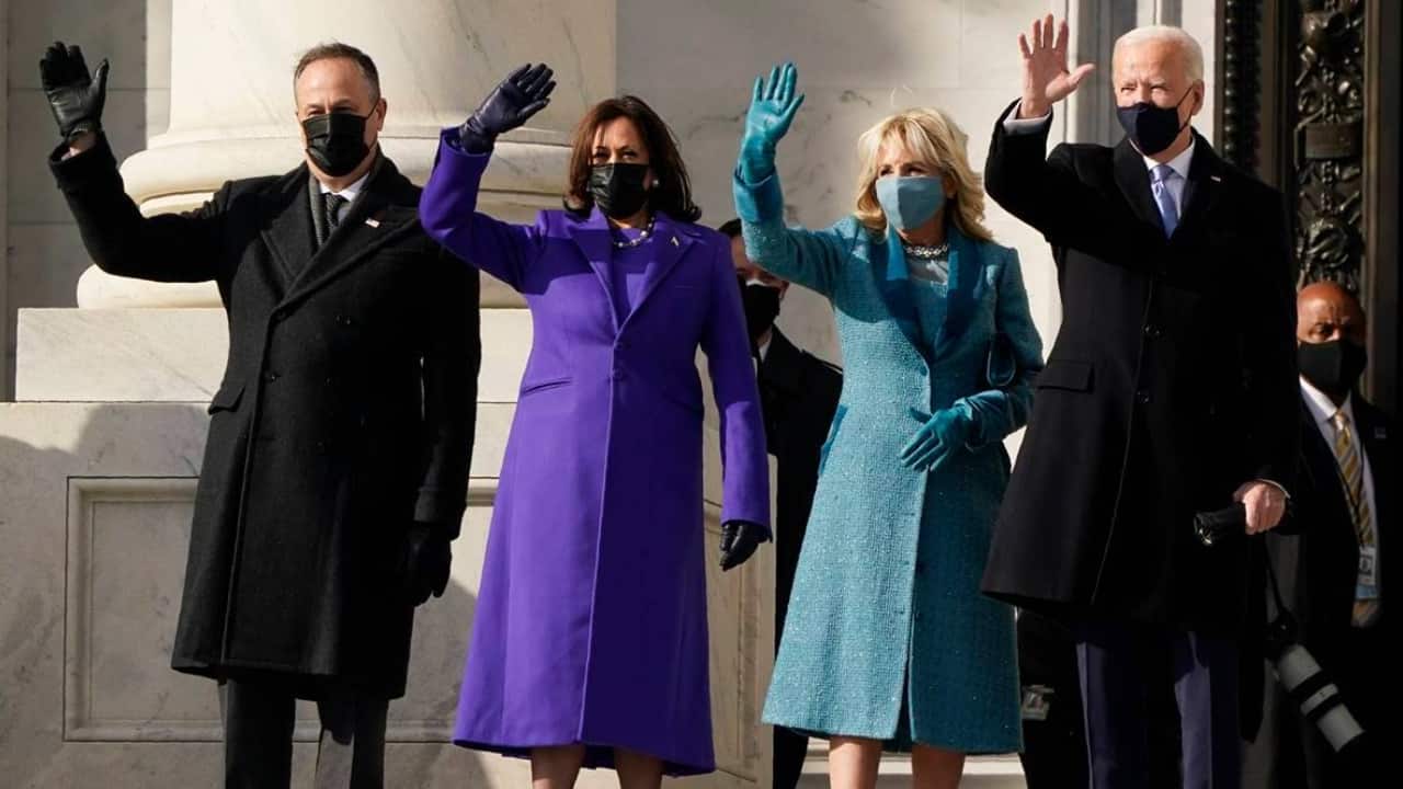 Joe Biden and Kamala Harris with their spouses at the inauguration ceremony in Washington. (PC-AP)