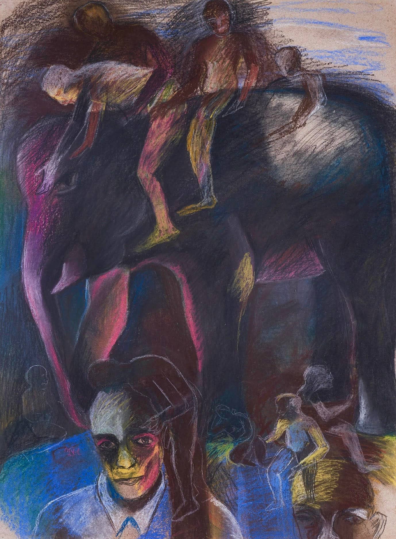 Men on Elephant, Bhupen Khakhar, oil and pastel on paper.
