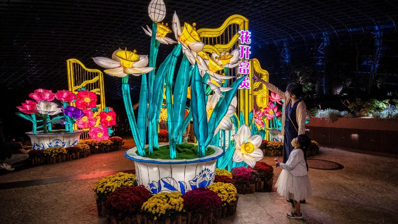 Visitors wearing face masks look at light sculptures of flowers during the annual Dahlia Dreams floral display ahead of the Chinese Lunar New Year of the Ox, otherwise known as the Spring Festival, at Singapore's Gardens by the Bay, January 31. (Image: Reuters)