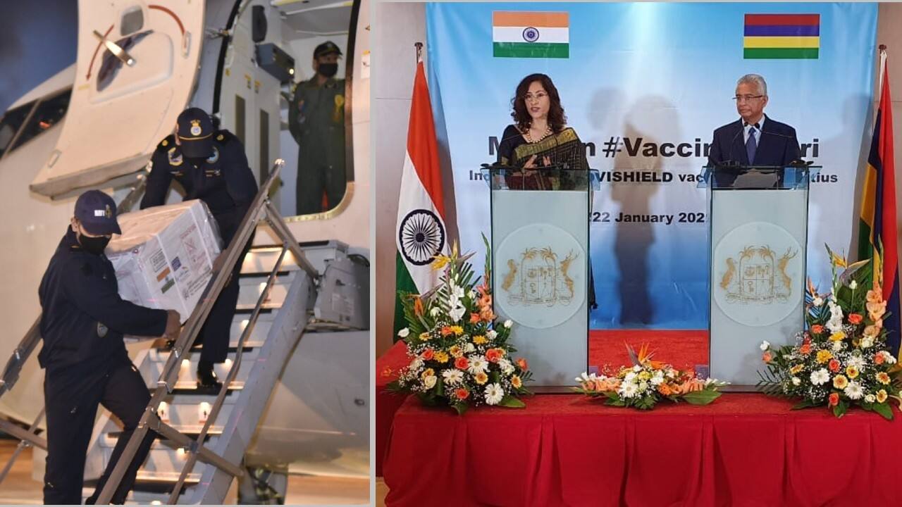 Mauritius | Indian Navy delivered consignment of Serum Institute of India’s 1,00,000 doses of coronavirus vaccines Covishield to Mauritius on January 22 as a part of India’s ‘Neighbourhood First’ policy. Country with a population of over 1.2 million, has so far recorded 601 total coronavirus cases and 10 COVID related deaths. (Image: Twitter @DrSJaishankar)