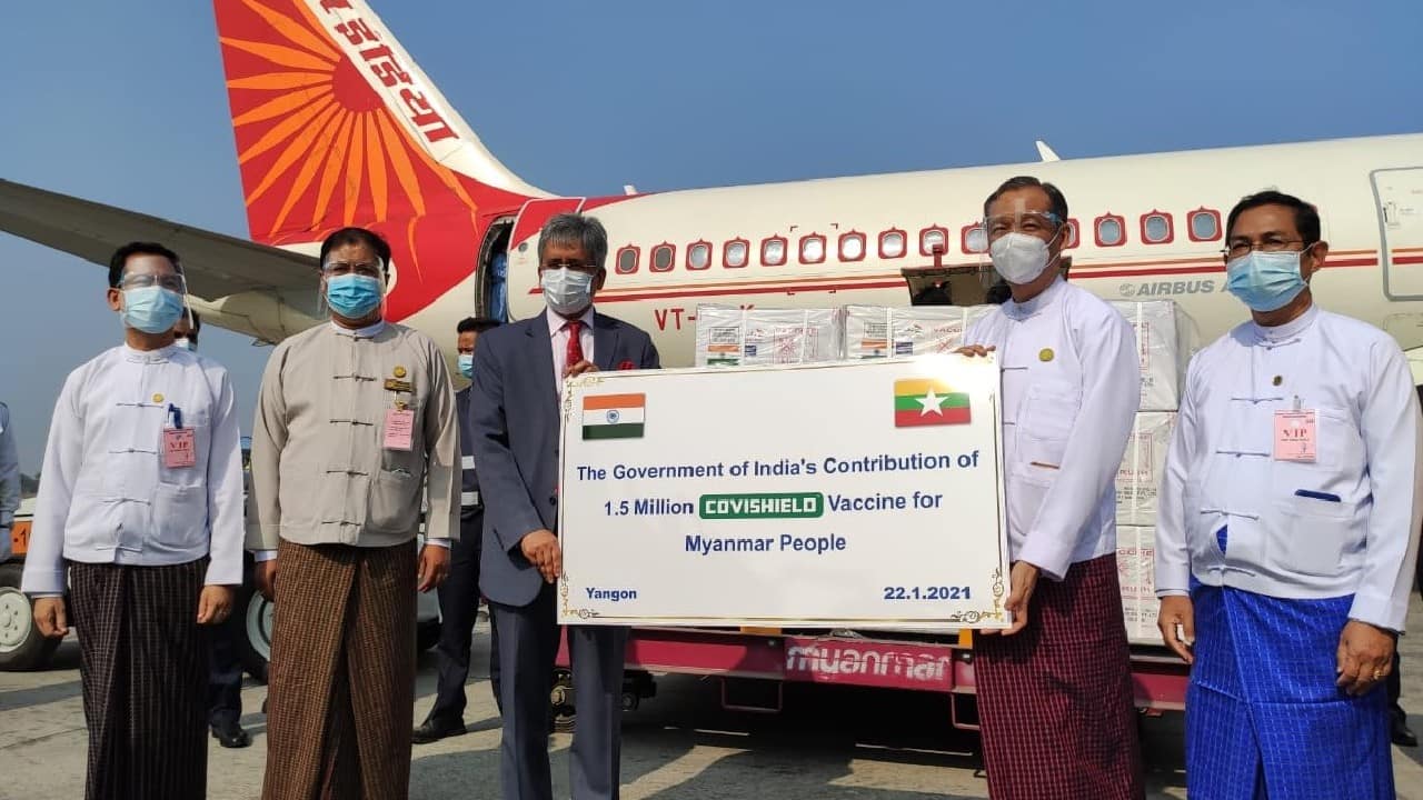 Myanmar | India delivered a consignment containing 1.5 million doses of COVID-19 vaccine doses to Myanmar on January 21. Indian government is undertaking contractual supply of coronavirus vaccines to many countries to contribute to our neighbour’s inoculation efforts. India is one of the world's biggest drugmakers, and an increasing number of countries have already approached it for procuring the coronavirus vaccines. (Image: Twitter @DrSJaishankar)