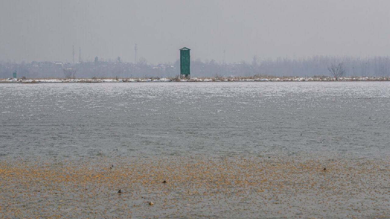A watchtower to monitor birds is surrounded by a thick layer of frozen ice in Hokersar, north of Srinagar, Indian controlled Kashmir, Friday, Jan. 22, 2021.
