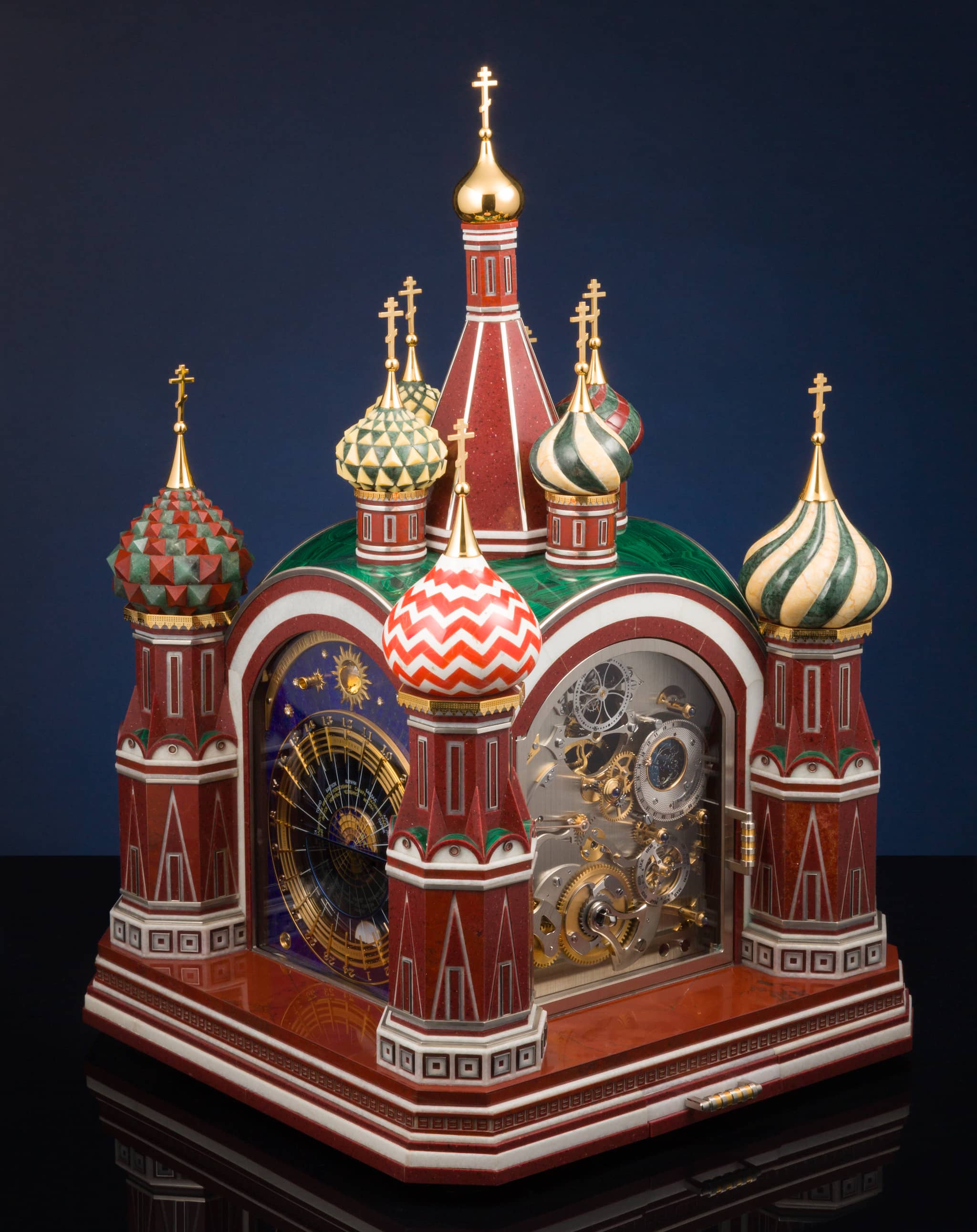 Housed in a miniature version of St Basil’s Cathedral, Moscow Computus Easter Clock presents the date of Easter on both Julian and Gregorian calendars.