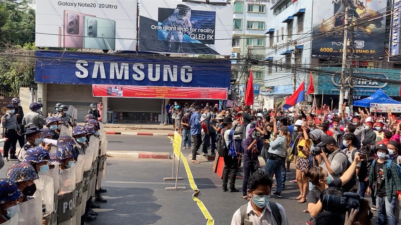 A crowd of protesters marches in Yangon, Myanmar, on February 6, after military authorities broadened a ban on social media following this week’s coup. (Image: AP) A crowd of protesters marches in Yangon, Myanmar, on February 6, after military authorities broadened a ban on social media following this week’s coup. (Image: AP)