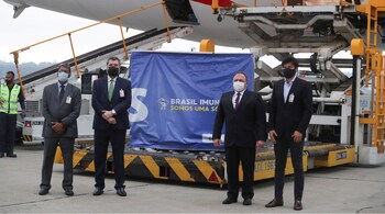 File image: Brazil's Health Minister Eduardo Pazuello, Foreign Minister Ernesto Araujo, Communications Minister Fabio Faria and Indian ambassador Suresh Reddy prepare to receive two million doses of AstraZeneca-Oxford COVID-19 vaccines from India at Sao Paulo International Airport, Brazil on January 22, 2021. (Image: Reuters/Amanda Perobelli)