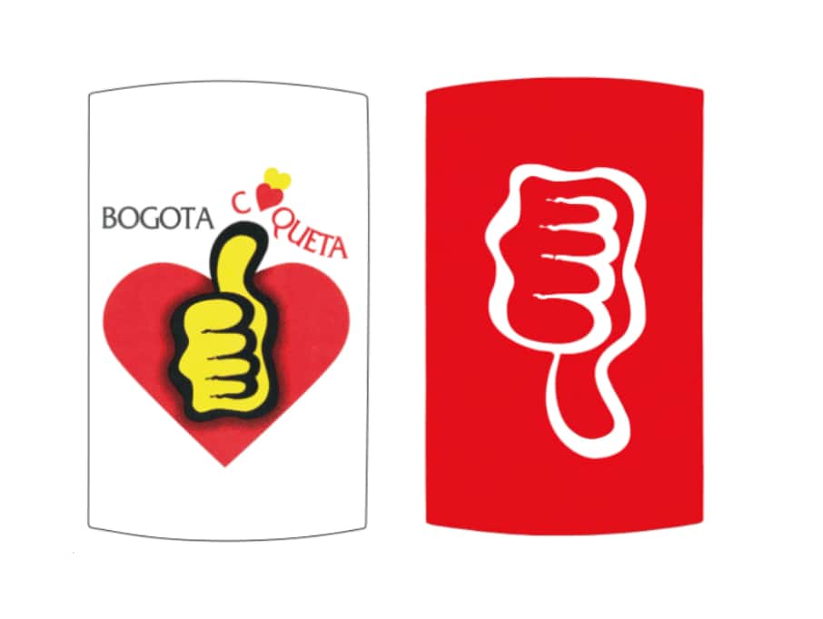 Citizens’ cards with thumbs-up and down images were part of the drive to check traffic deaths in Bogota.