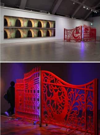 Reena Saini Kallat’s work Light Leaks, Winds Meet Where the Waters Spill Deceit (2010) depicts two halves of the gate on Wagah Border, each wrapped in sacred red thread, which is part of both the cultures of India and Pakistan