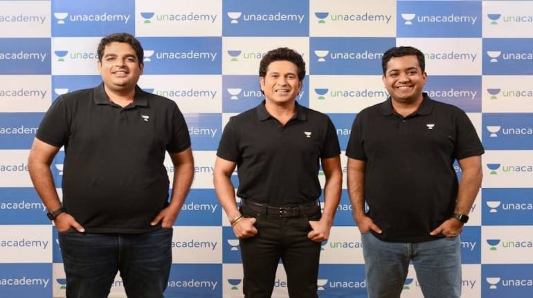 (L-R) Unacademy Co-Founder & CEO Gaurav Munjal, Sachin Tendulkar, Unacademy Co-Founder Roman Saini