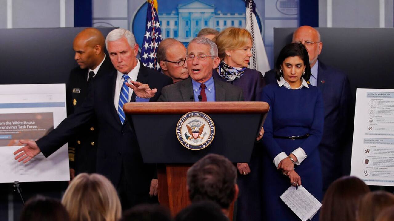 But in retrospect, a photo of a COVID-19 briefing by Dr. Anthony Fauci, Vice President Mike Pence and other health advisers on March 10 -- a day before the World Health Organization declared a pandemic -- is a study in obliviousness. Eight people crowd the podium. None wears a mask. (Image: AP)